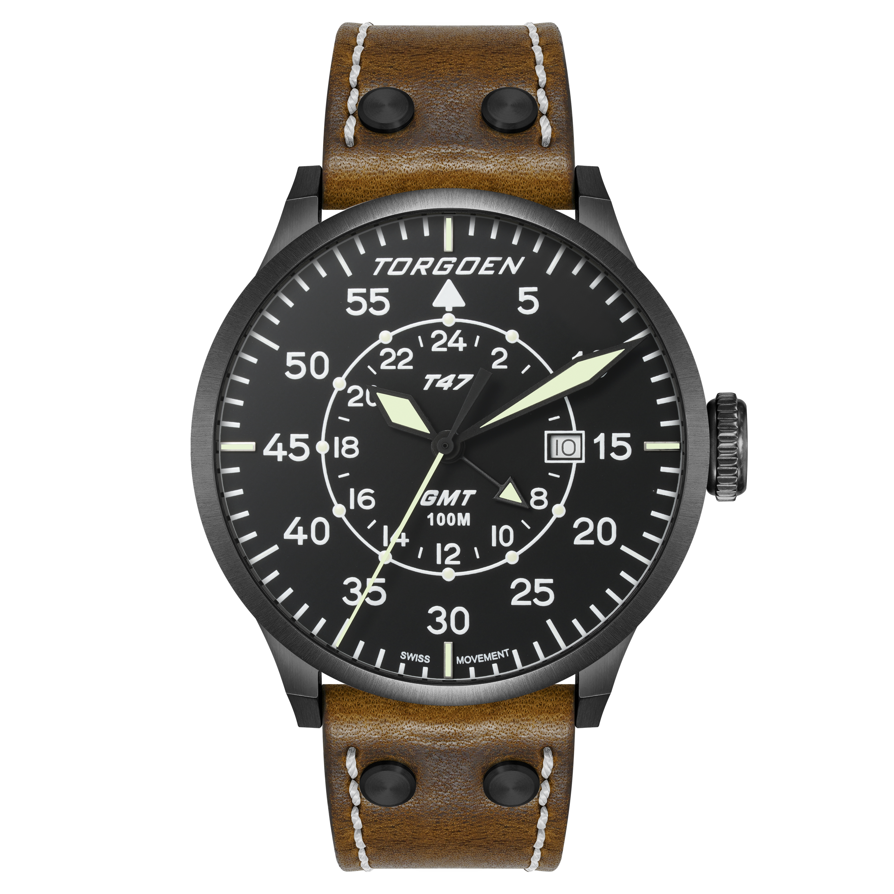 T47 Jumbo Black Sapphire GMT | 47mm, Brown Leather Strap – Torgoen T47 Jumbo Black Sapphire GMT | 47mm, Brown Leather Strap – Torgoen