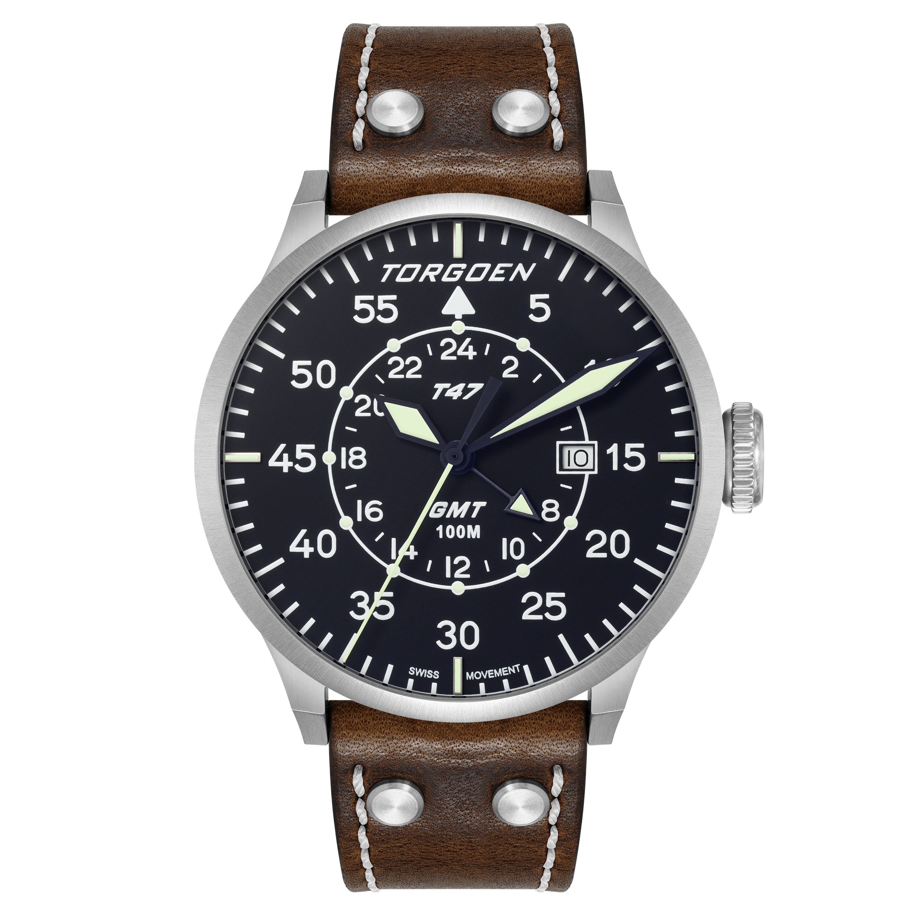 T47 Jumbo Blue Sapphire GMT | 47mm, Brown Leather Strap – Torgoen T47 Jumbo Blue Sapphire GMT | 47mm, Brown Leather Strap – Torgoen