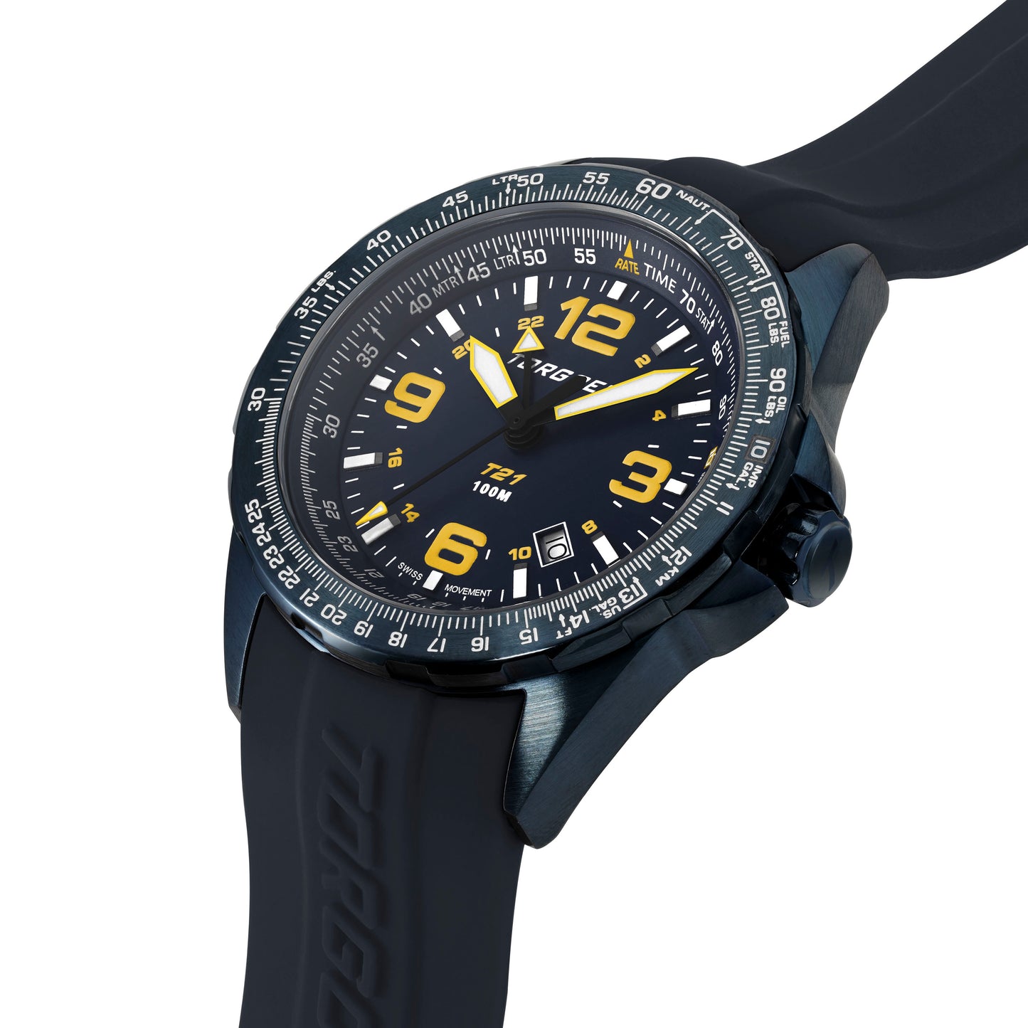 T21 Navy Ion Plated Sapphire | 44mm, Navy Silicone Strap