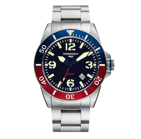 T43 Blue & Red Diver Sapphire | 44mm, Stainless Steel Bracelet