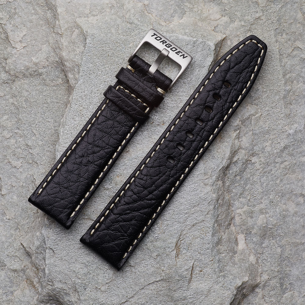 Black Leather Strap w/ Contrast Stitching | 22mm Stainless Steel Buckle