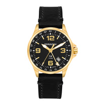 T9 Gold GMT | 42mm, Black Leather Strap