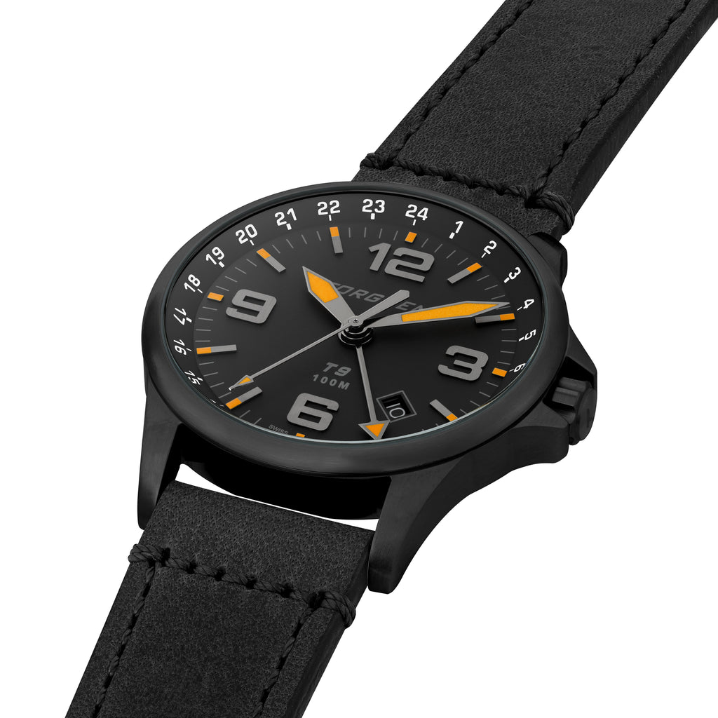 T9 Blackbird GMT | 42mm , Black Leather Strap