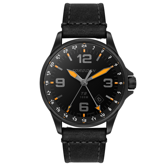 T9 Blackbird GMT | 42mm , Black Leather Strap