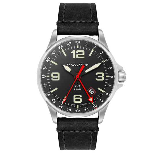 T9 Redwing GMT | 42mm , Black Leather Strap