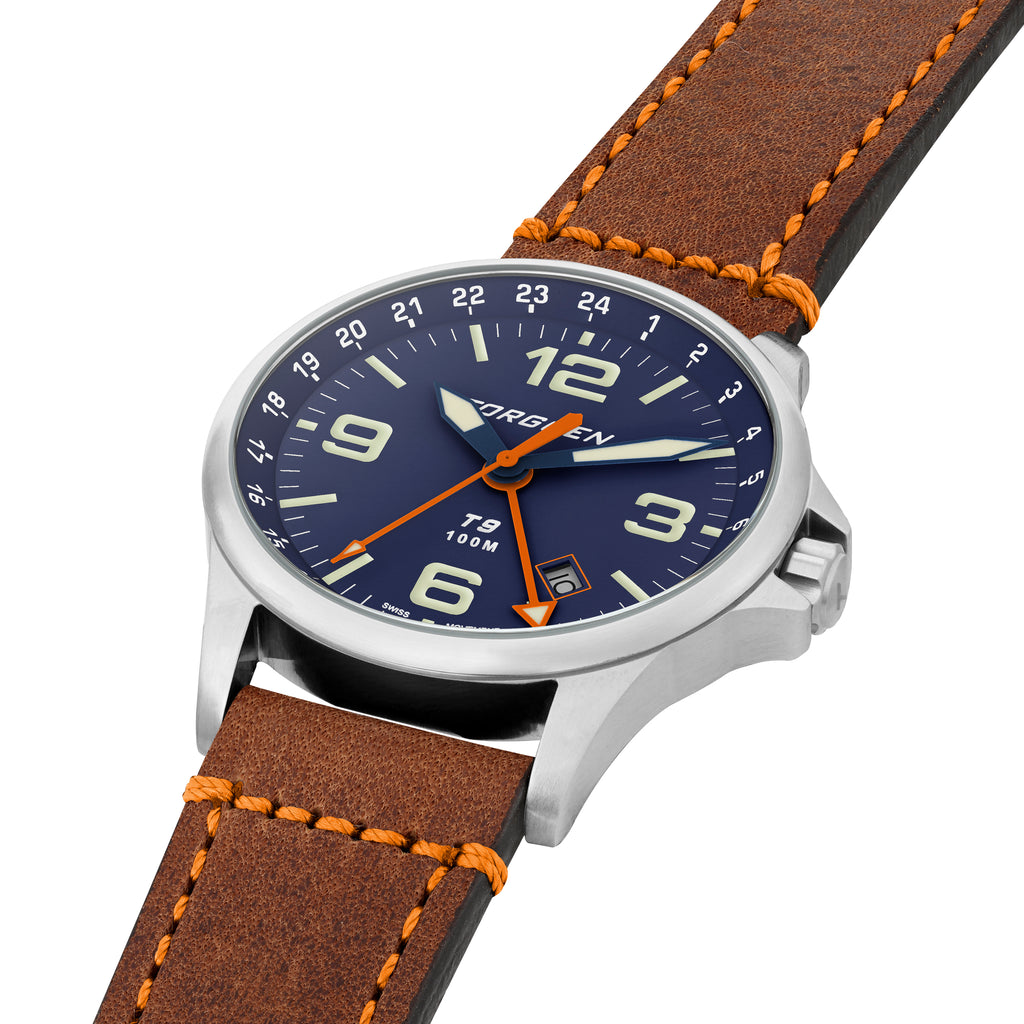 T9 Bluebird Sapphire GMT | 42mm, Brown Leather Strap