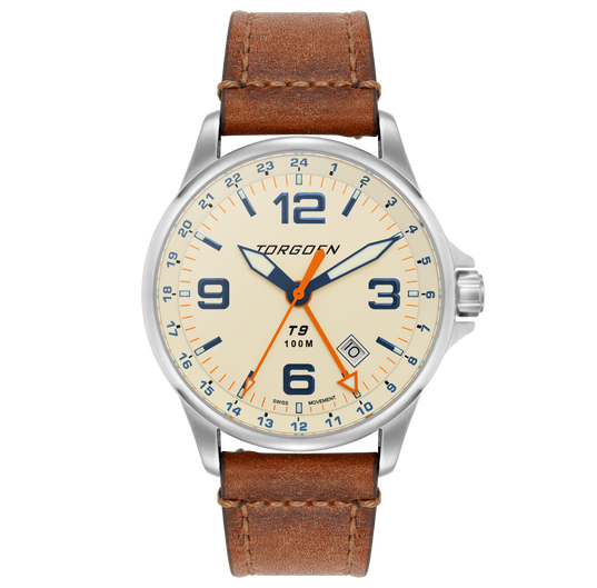 T9 Cream Ibis GMT | 42mm, Brown Vintage Leather Strap