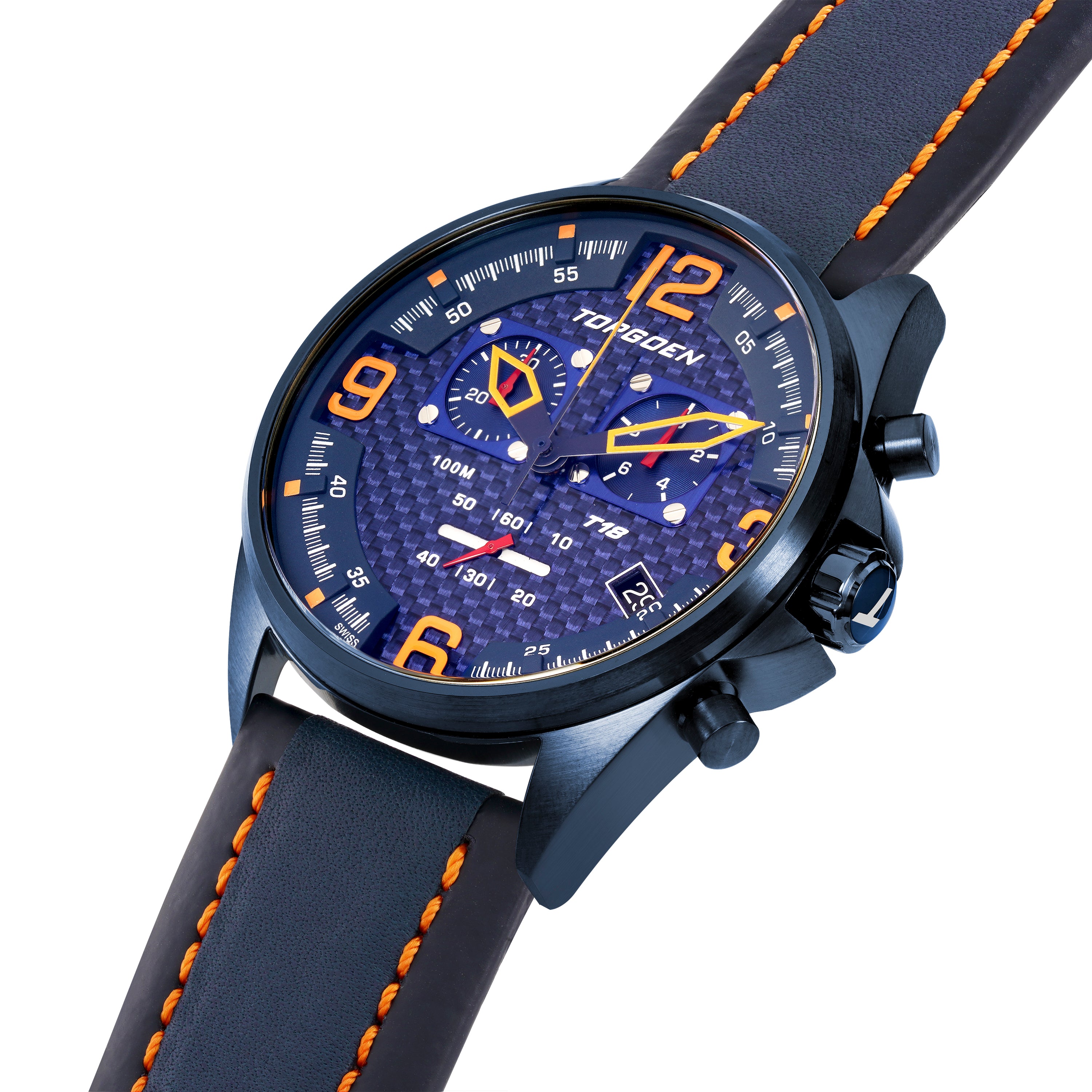 T18 Blue Carbon Fiber | 45mm, Blue Leather Strap – Torgoen
