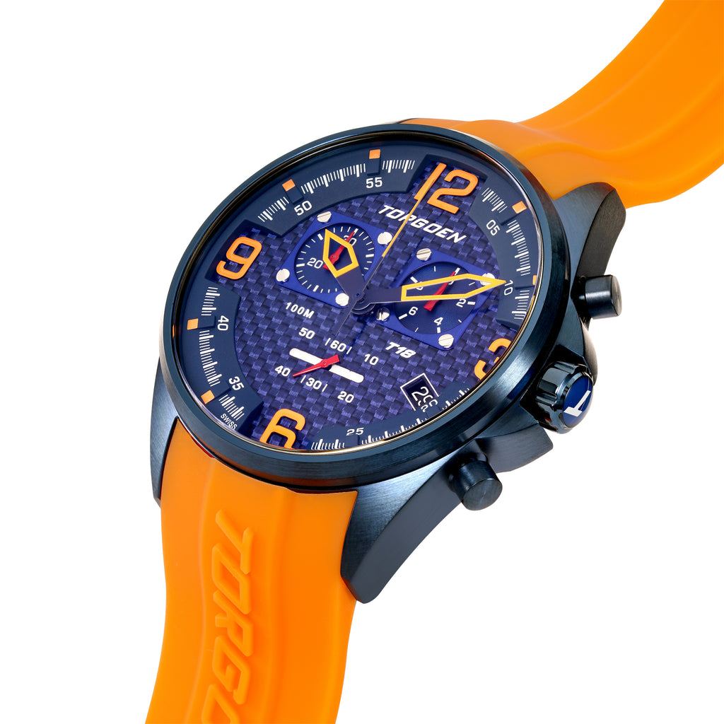 T18 Blue Orange Carbon | 45mm, Orange Silicone Strap