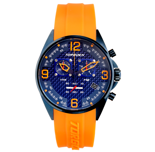 T18 Blue Orange Carbon | 45mm, Orange Silicone Strap