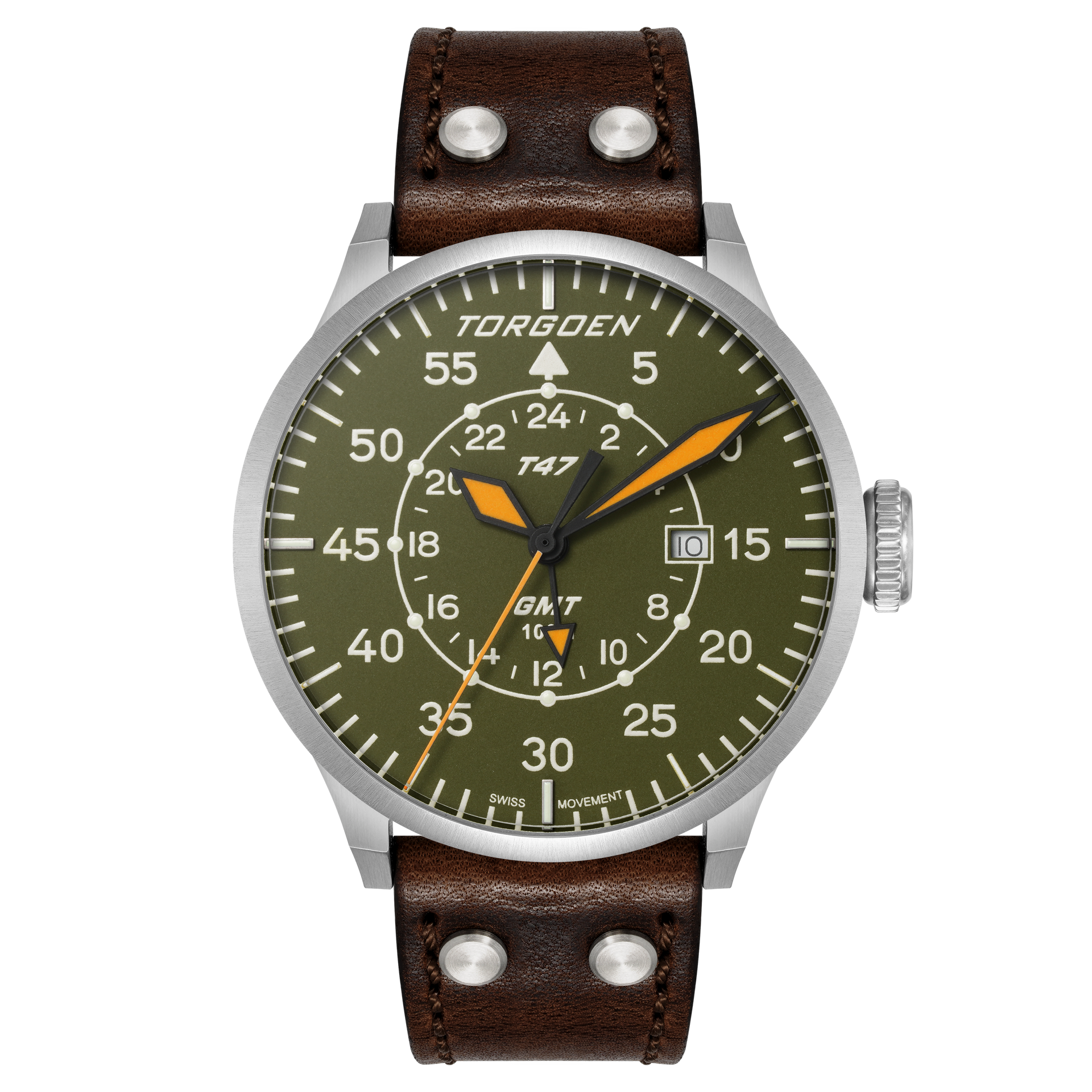 テュオハリム T47 Jumbo Green Sapphire GMT | 47mm, Brown Leather Strap – Torgoen