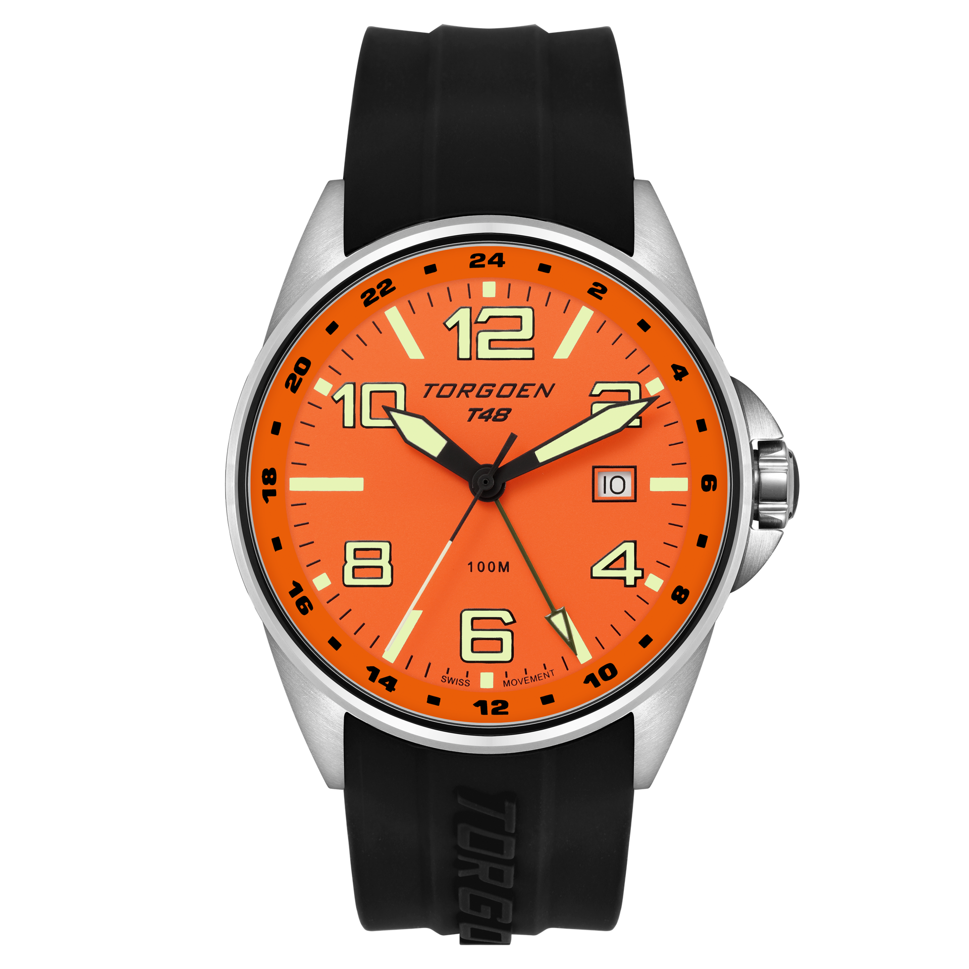 T48 GMT Black/Orange | 44mm, Black Silicone Strap – Torgoen