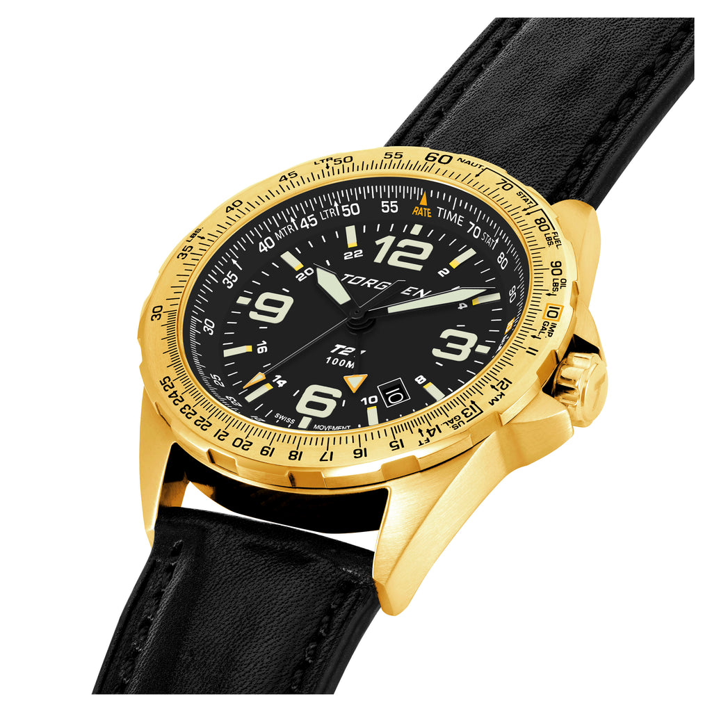 T21 Gold GMT | 44mm, Black Leather Strap