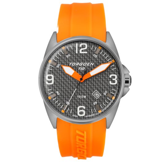 T10 Gunmetal Carbon Fiber | 44mm, Orange Silicone Strap