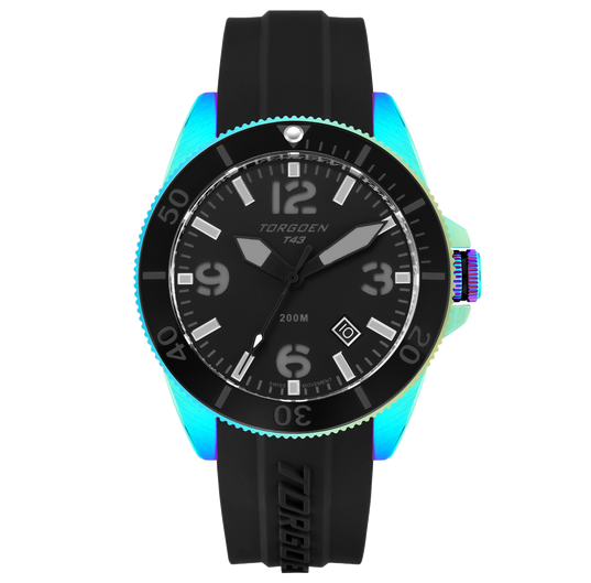 T43 Iridescent | 44mm, Black Silicone Strap