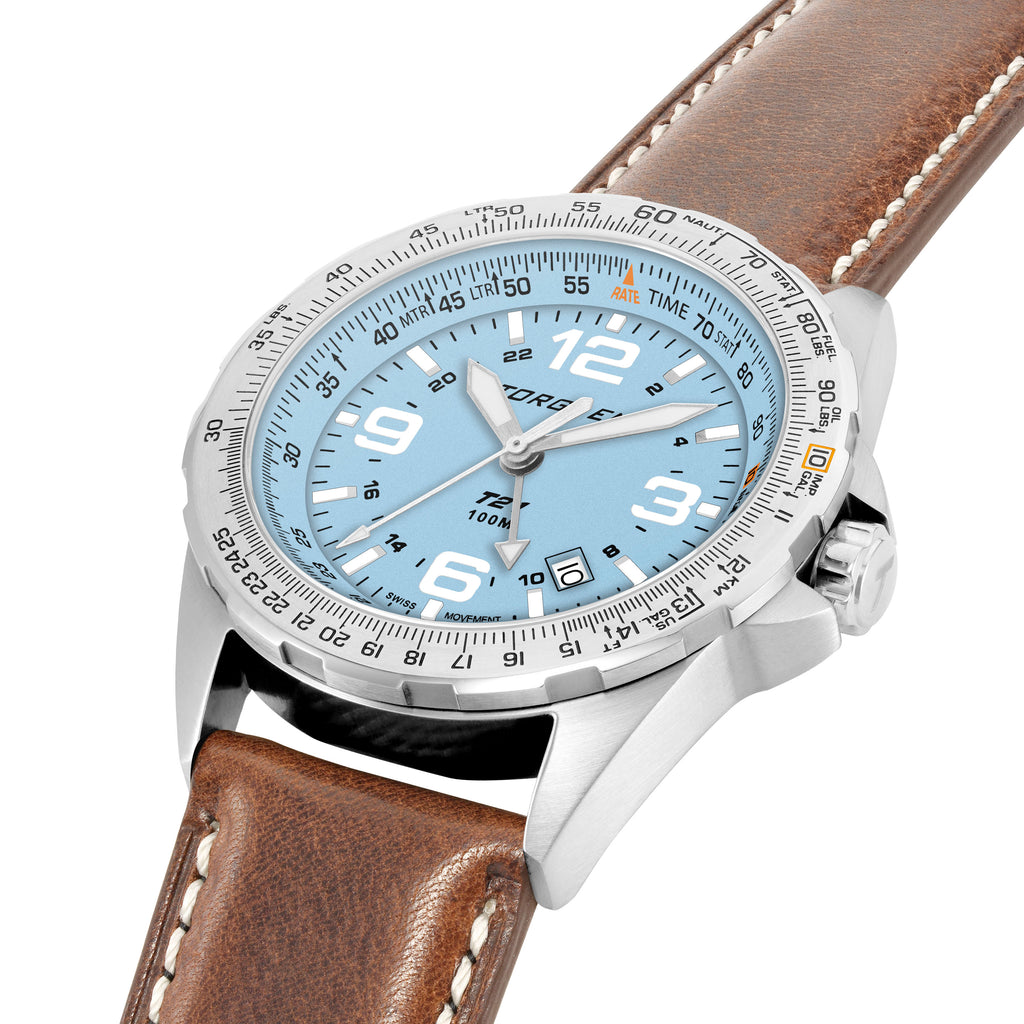T21 Ice Blue Sapphire | 44mm, Vintage Leather Strap