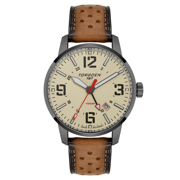 T57 Cream GMT Sapphire | 41mm, Tan Leather – Torgoen