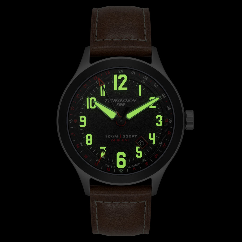 T56 Black Sapphire GMT | 44mm, Dark Brown Leather Strap