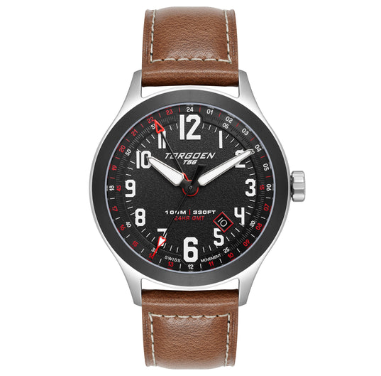 T56 Black Sapphire GMT | 44mm, Dark Brown Leather Strap