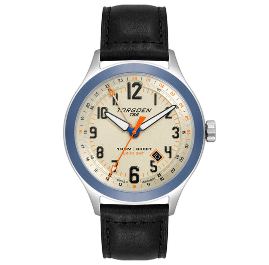 T56 Cream Sapphire GMT | 44mm, Navy Blue Leather Strap