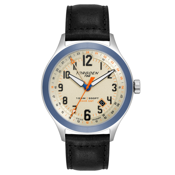 T56 Cream Sapphire GMT | 44mm, Navy Blue Leather Strap – Torgoen