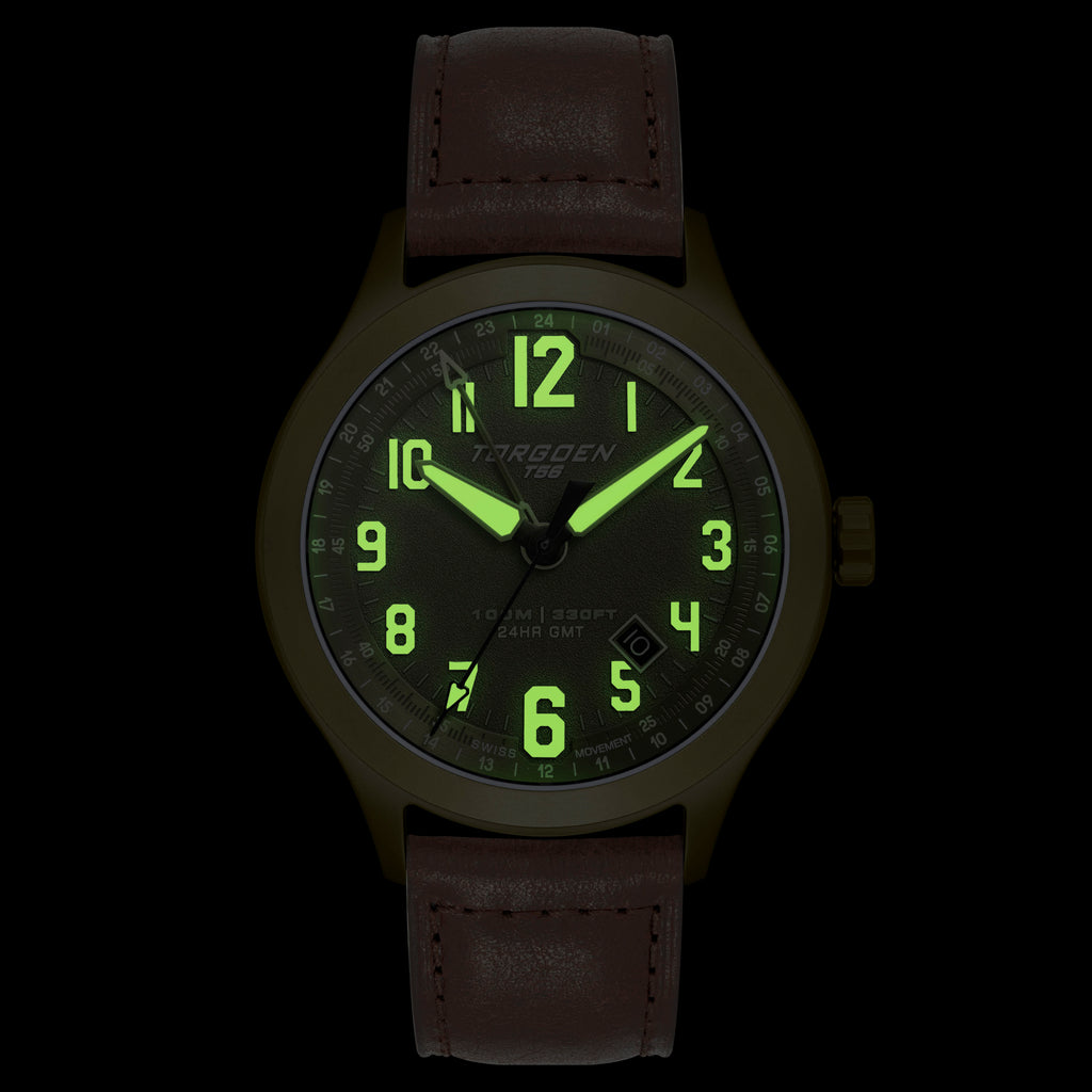 T56 Green Sapphire GMT | 44mm, Chocolate Brown Leather Strap