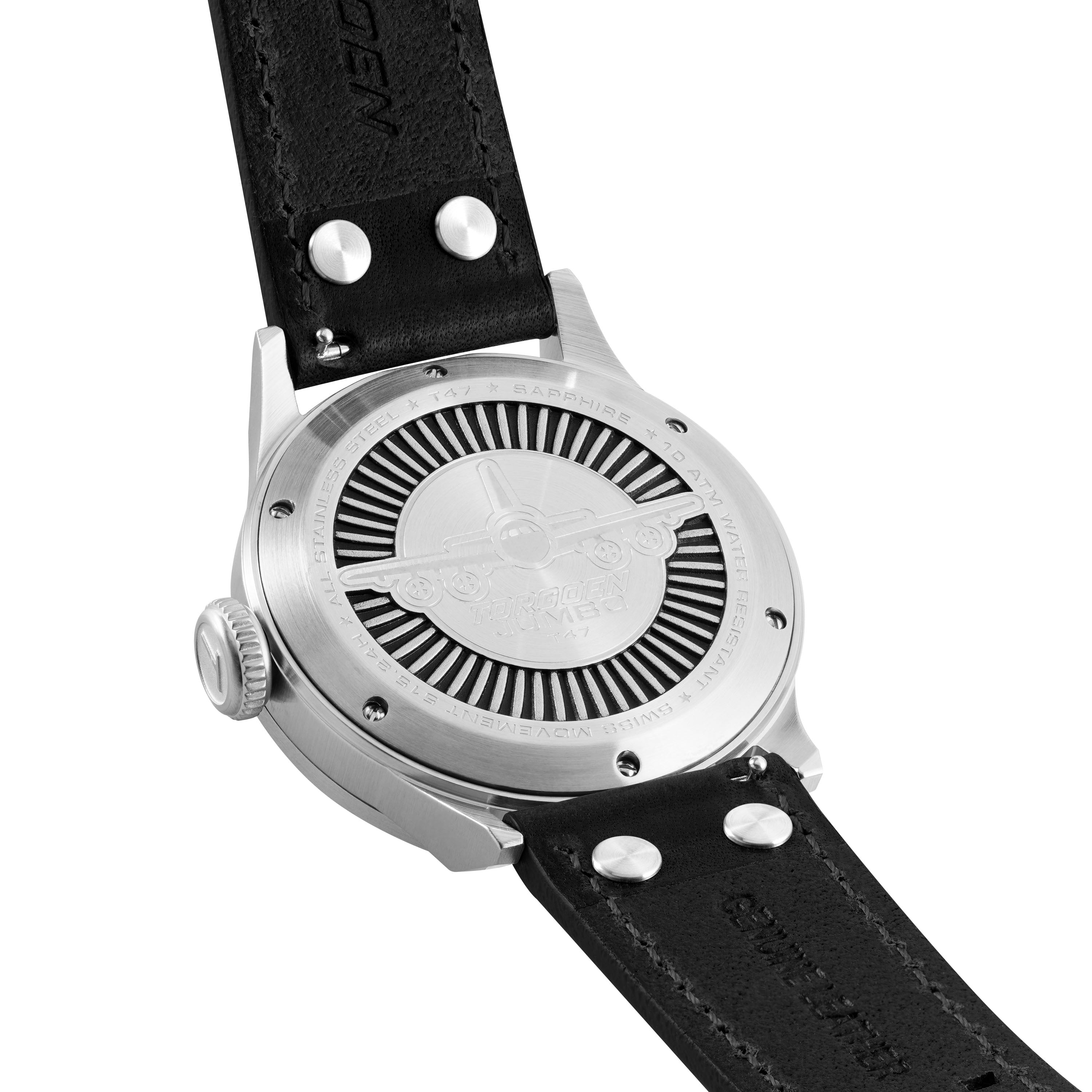 T47 Jumbo Black Sapphire GMT | 47mm, Black Leather Strap – Torgoen