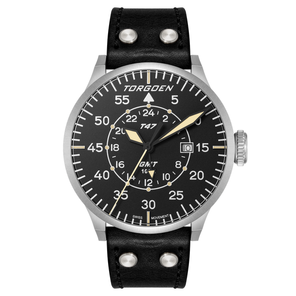 T47 Jumbo Black Sapphire GMT | 47mm, Black Leather Strap – Torgoen