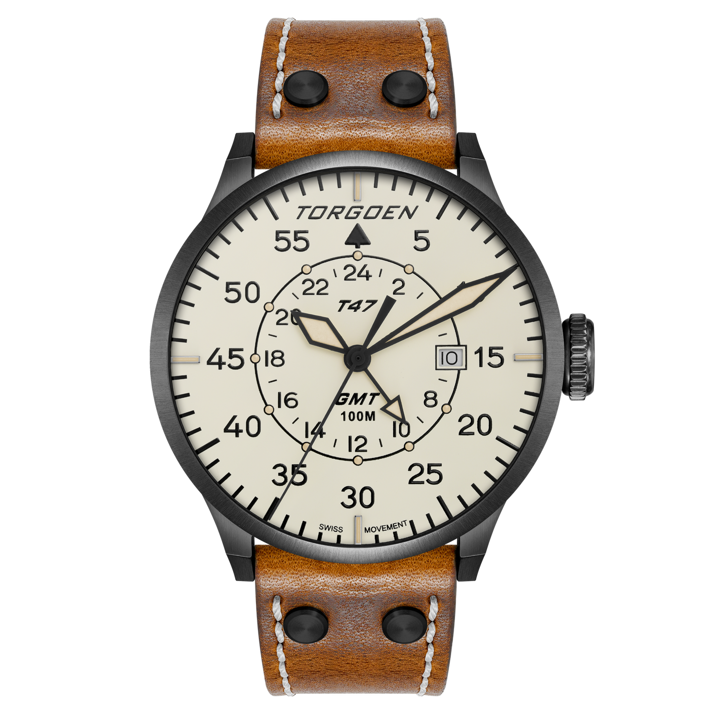 T47 Jumbo Cream Sapphire GMT | 47mm, Tan Leather Strap – Torgoen T47 Jumbo Cream Sapphire GMT | 47mm, Tan Leather Strap – Torgoen