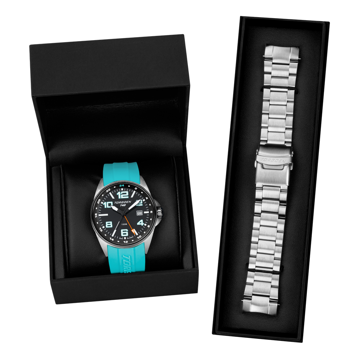 T48 Cyan/Silver Gift Set | 44mm, Cyan Silicone/Silver Bracelet T48 Cyan/Silver Gift Set | 44mm, Cyan Silicone/Silver Bracelet