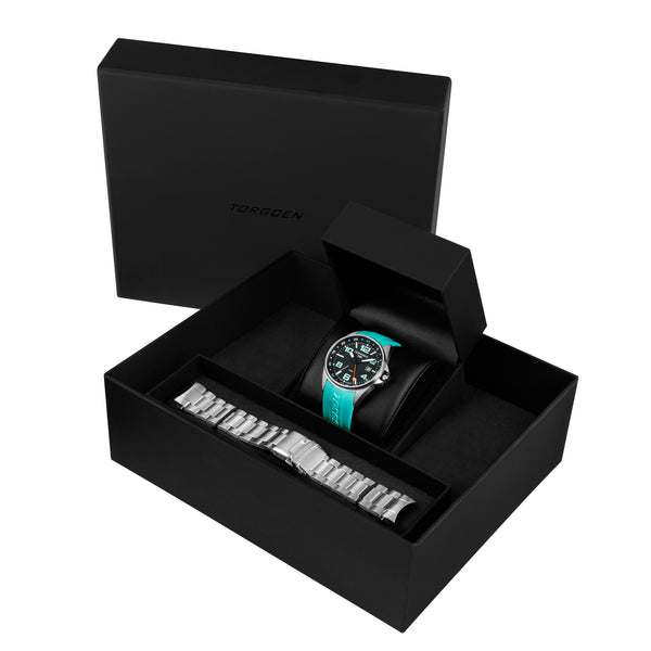 T48 Cyan/Silver Gift Set | 44mm, Cyan Silicone/Silver Bracelet
