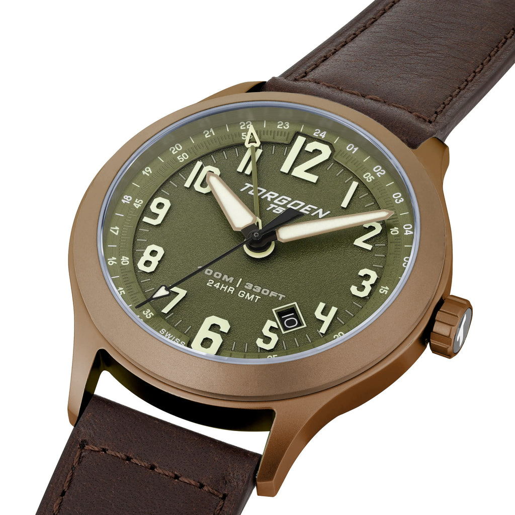 T56 Green Sapphire GMT | 44mm, Chocolate Brown Leather Strap