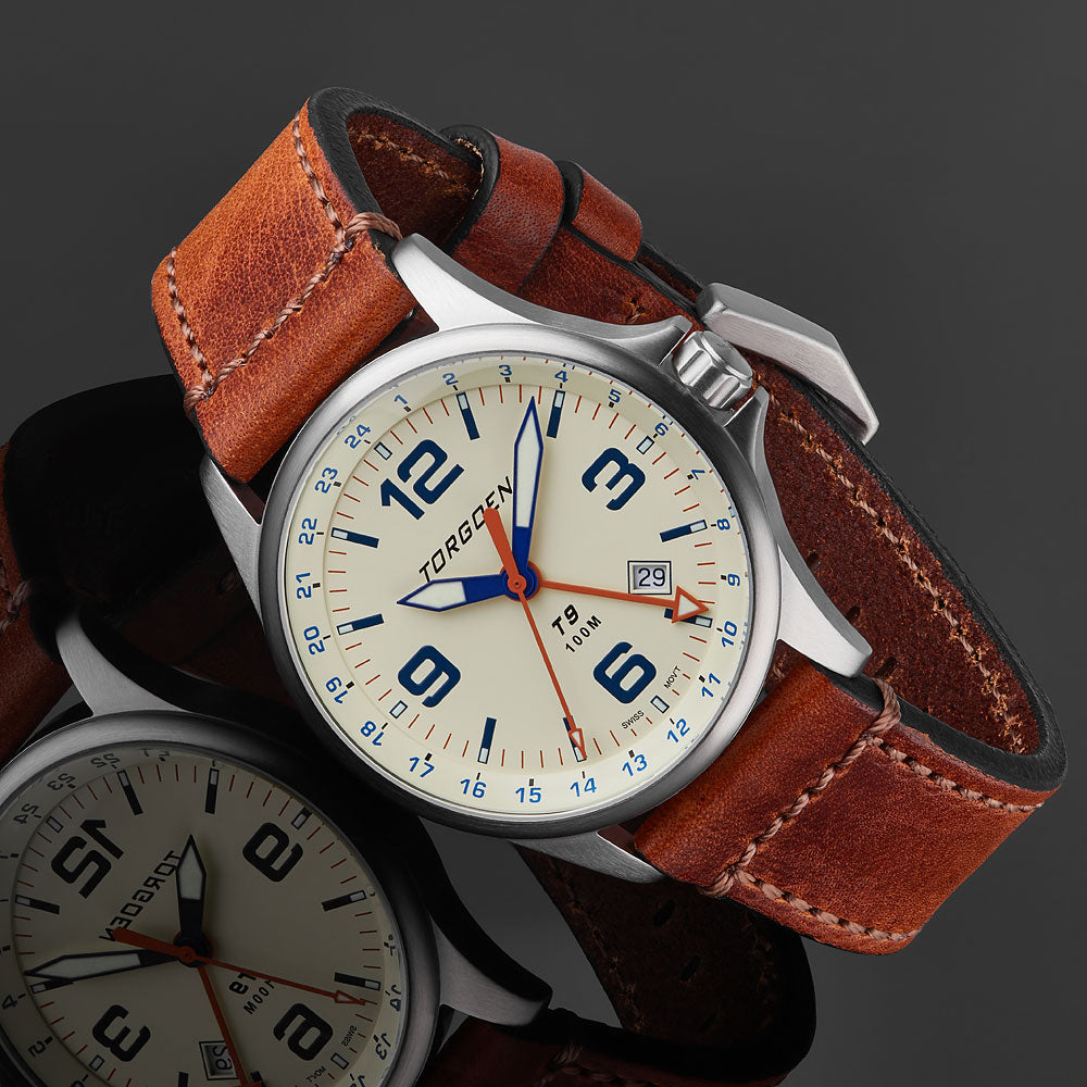 T9 Cream Ibis GMT | 42mm, Brown Vintage Leather Strap