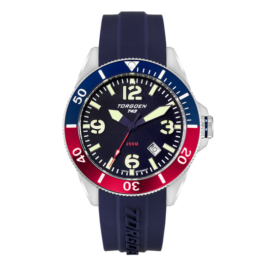 T43 Blue & Red Diver Sapphire | 44mm, Navy Silicone Strap